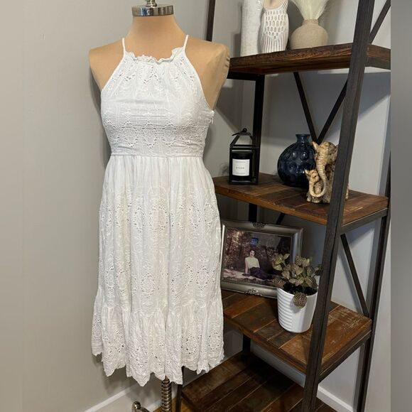 Maeve Tiered Eyelet Midi Dress White Women’s SIZE 4P - Picture 2 of 14